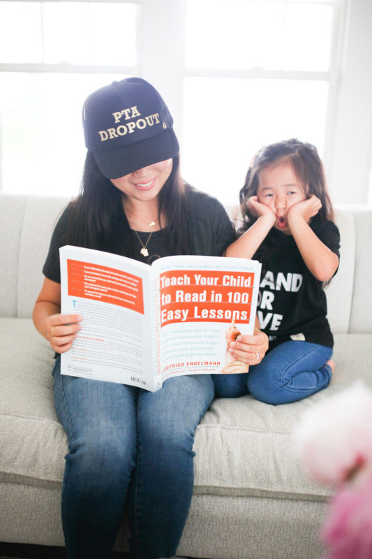 PTA Dropout, how to teach your child to read in 100 easy lessons, homeschooling kindergarten, homeschool, kindergarten, school at home, mommy and daughter, mother trucker hat, mommy and me, loved by hannah and eli, wire and honey, tiny tags